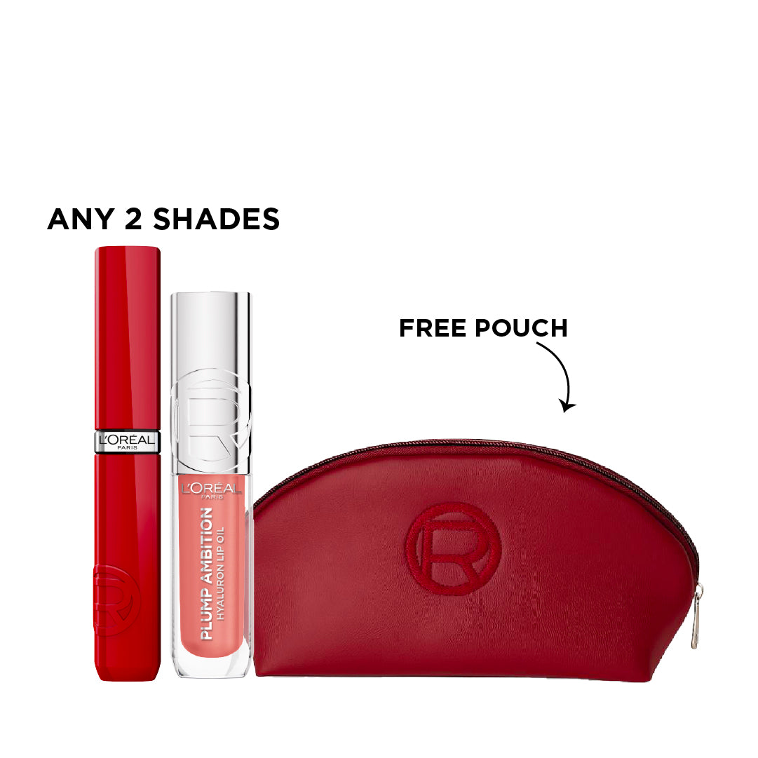 Get Free Cannes Red Pouch with Any 2 Shades of Plump Ambition Hyaluron Lip Oil, 24HR Hydration and Volumizing Shine + L’Oréal Paris Infallible Laque Resistance Liquid Lipstick